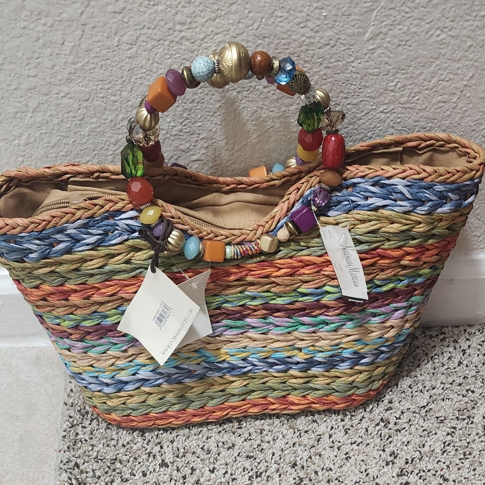 Straw  Rainbow Woven Handbag with Beaded Handle
